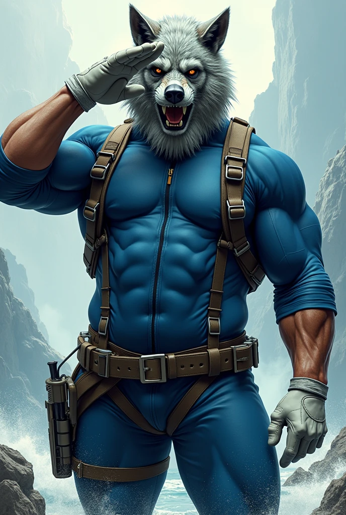 (A rugged beefy extremely muscular bulky old man), (wearing blue fullbody zipper wetsuit), (wearing realistic roaring wolf mask), saluting, wearing bulky harness, wearing bulky scuba gear, muscular physique, toned muscles, fierce, heroic, action, comic artstyle, bulky best quality, wearing white combat gloves. wearing gun holster on left thighs, dynamic action pose, fierce expression, showcasing an imposing stature, powerful, best quality image, action-packed atmosphere, masterpiece. 