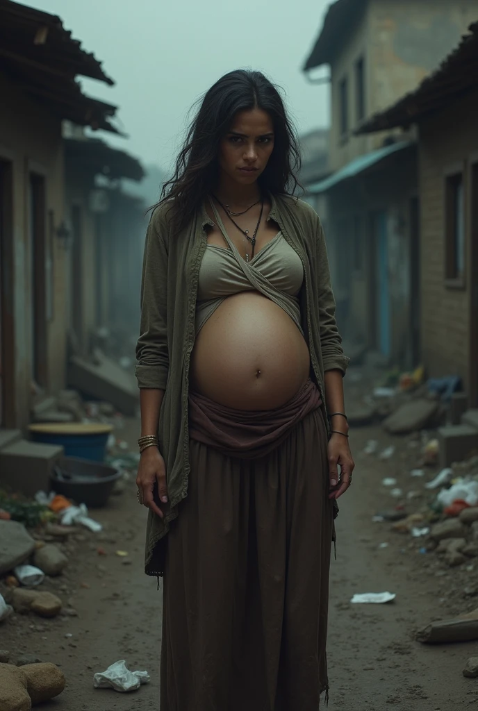 Pregnant mother with her  in a contaminated environment