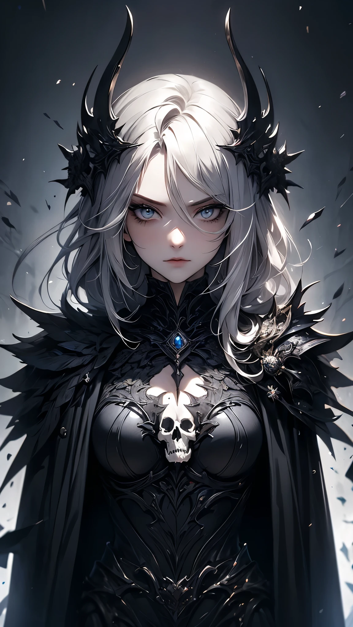 (( top quality)),( ultra high definition),( more details),( detailed explanation ),(( best CG )),( BEST WORK OF ART ), Ultra Precision Art, amazing painting art,(Exquisite art:1.5), woman, Silver Hair, White porcelain skin , black makeup , A cold, condescending gaze , Armor Imitating Skeleton , Dark Silver Thorns , Jet Black Cloak, fear,
