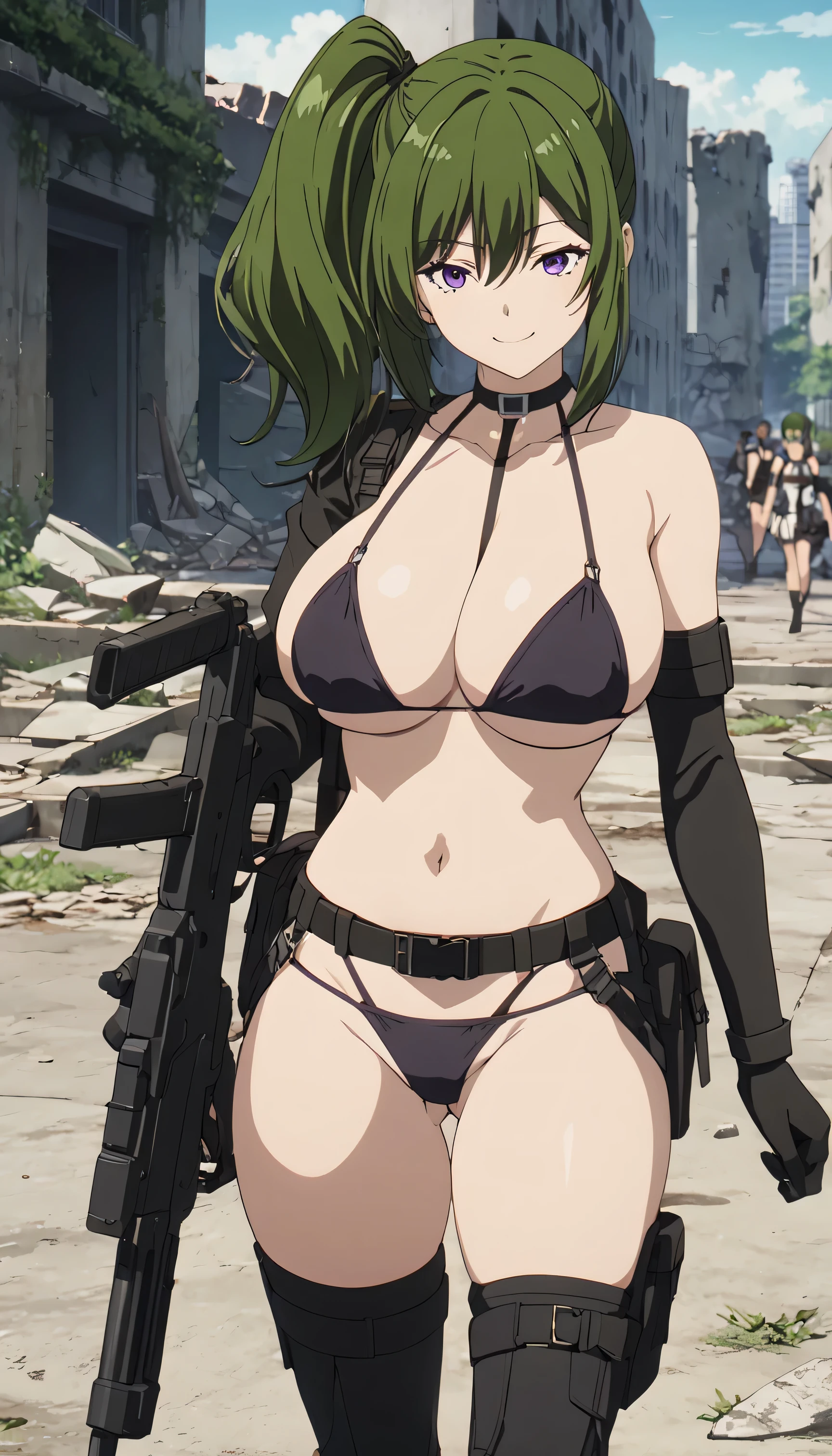 Imperial Guard Combat Uniform Swimsuit, o-ring bikini, v gundam, swimsuit, absurdres, highres, solo, cowboy shot, 1girl, neneka nibrou \(cosplay\), wristband, headphone, holster, backpack, holding gun, aiming, perfect hands, wind, (highres,best_quality,masterpiece), large breast, huge breast, brown hair, green hair, multicolored hair, brown eyes, FOLDED PONYTAIL,