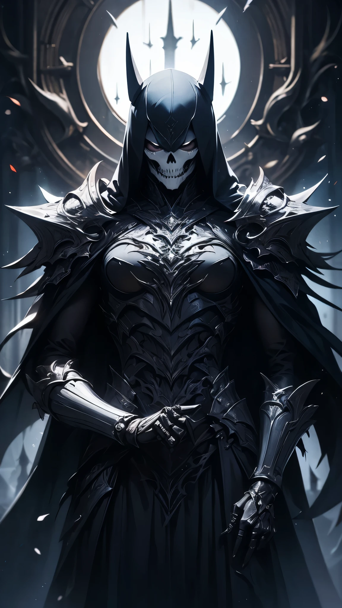 (( top quality)),( ultra high definition),( more details),( detailed explanation ),(( best CG )),( BEST WORK OF ART ), Ultra Precision Art, amazing painting art,(Exquisite art:1.5), woman, Silver Hair, White porcelain skin , black makeup , A cold, condescending gaze , Armor Imitating Skeleton , Dark Silver Thorns , Jet Black Cloak, fear,