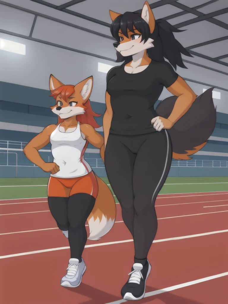Furry, fox, female, black shirt, black leggings, shoes, running track, friends, full body