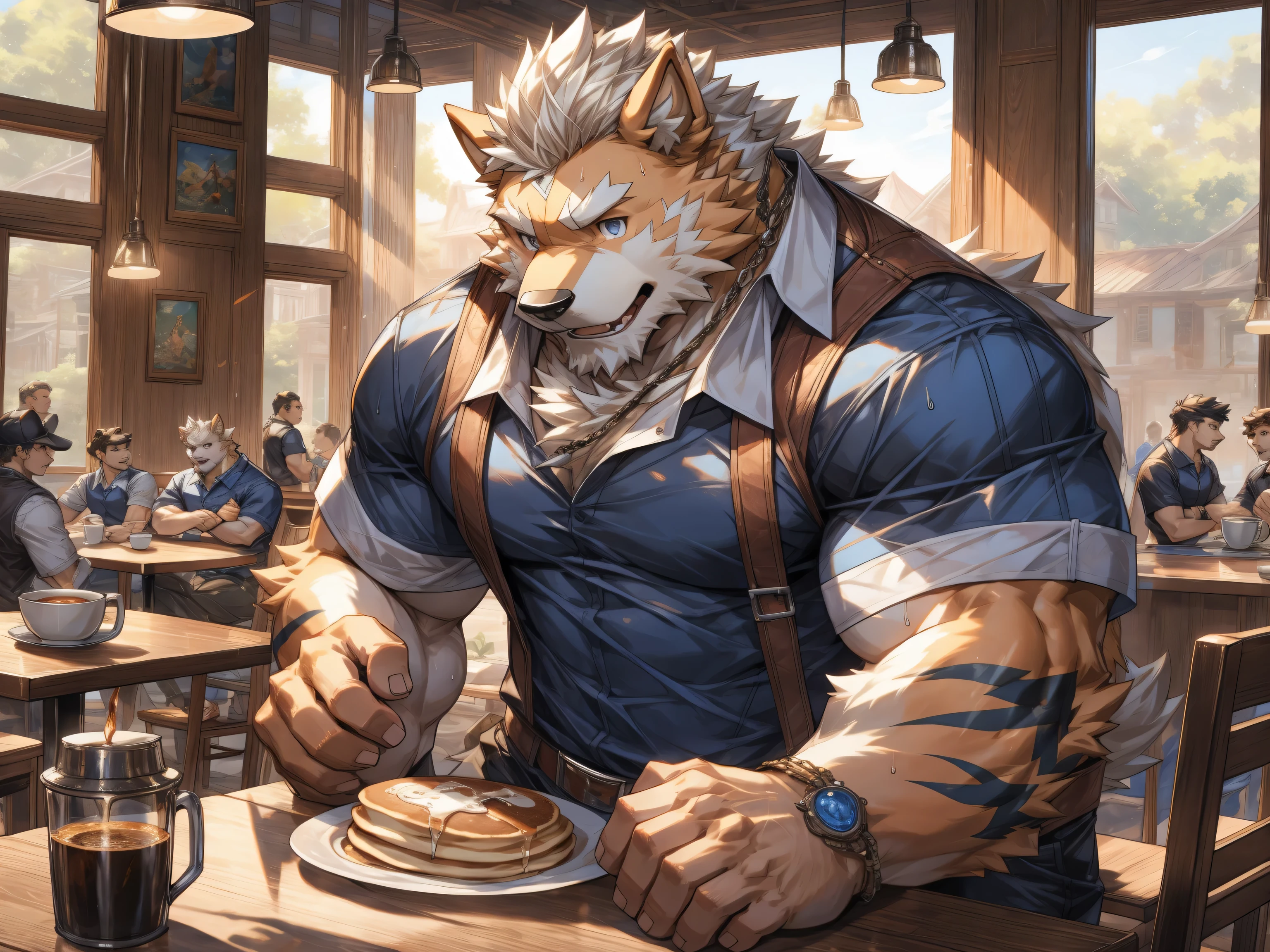 (individual:1.6),Wolf orcs,Light blue hair,Wear casual clothes,abdominal muscles,cute,Laugh with eyes closed,in cafe,Eating cake, huge muscular biceps, hyper muscle