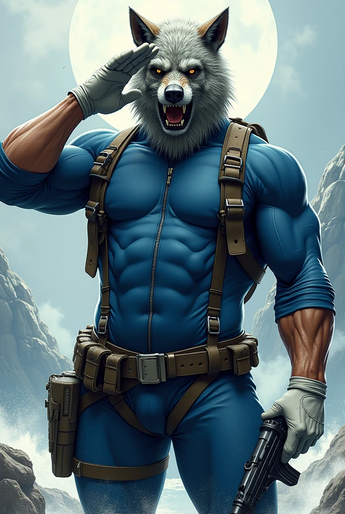 (A rugged beefy extremely muscular bulky old man), (wearing blue fullbody zipper wetsuit), (wearing realistic roaring wolf mask), saluting, holding a gun, wearing bulky harness, wearing bulky scuba gear, muscular physique, toned muscles, fierce, heroic, action, comic artstyle, bulky best quality, wearing white combat gloves. wearing gun holster on left thighs, dynamic action pose, fierce expression, showcasing an imposing stature, powerful, best quality image, action-packed atmosphere, masterpiece. 