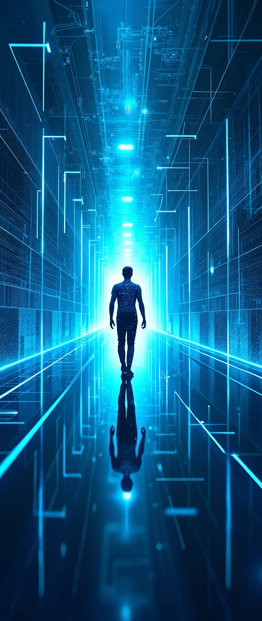 (Masterpiece:1.2,EXCEPTIONAL QUALITY  ,Mirror Finish , Cinematic experience  , The best illustrations :2.0, very detailed.2.0),8k, wallpaper,(A never-ending hallway),( An abstract hologram man walks through a tunnel like a tunnel composed of holograms with endless blue light superimposed on top of each other:2.0),(Abstract Geometric Hallway :2.0),( vector art:2.0),(Virtual Space:2.0),( digital art:2.0),(Infinitely Looping Digital Hallway :2.0)