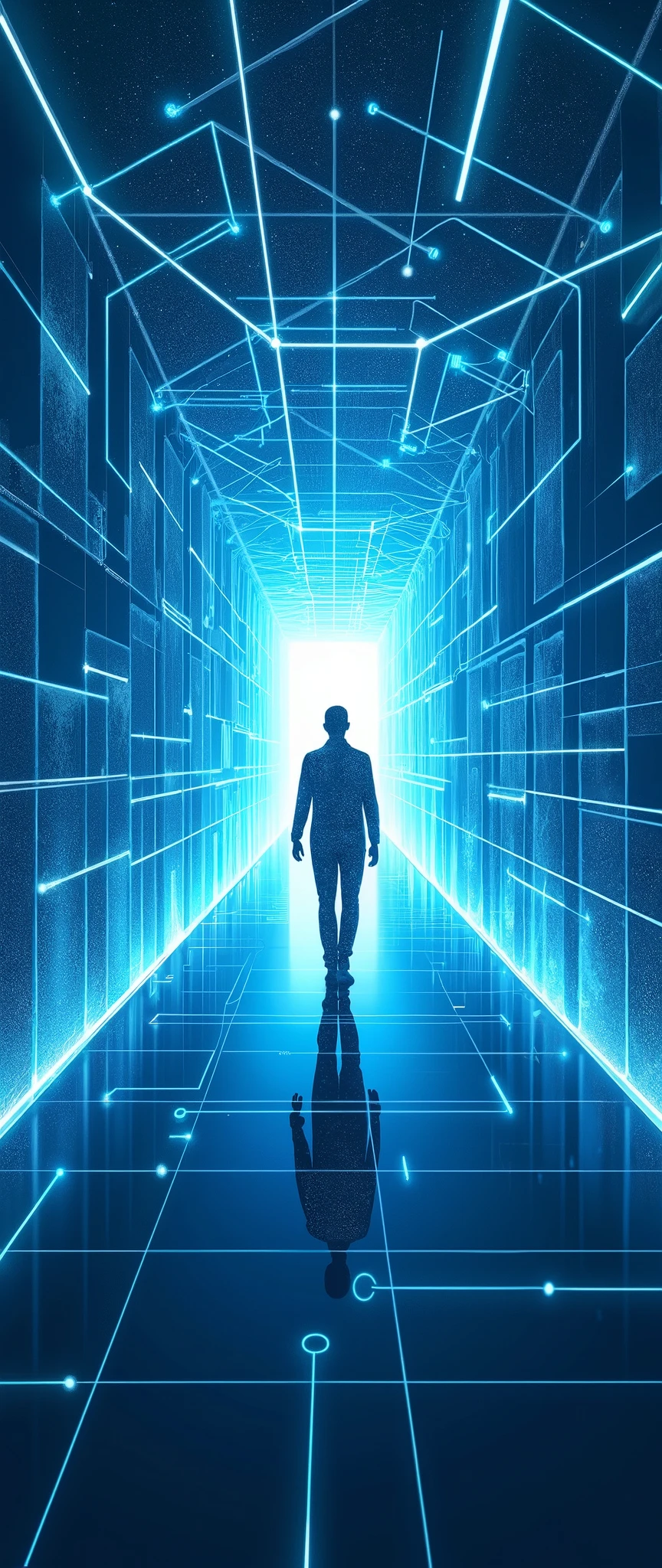 Arafed image of a man walking through a tunnel with a glowing light ...