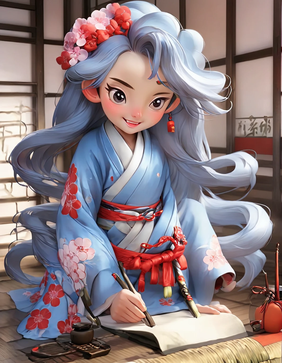  Light blue long hair、 twin-tailed little characters 、smile、 doing calligraphy in red kimono、 bright room、There are plum blossoms in the room 、