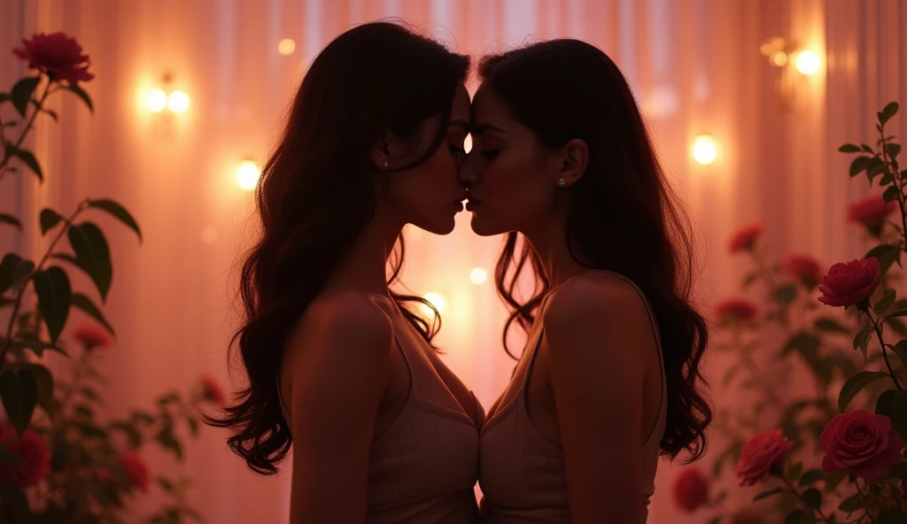 Generates an image of two women kissing while there is a penis between them