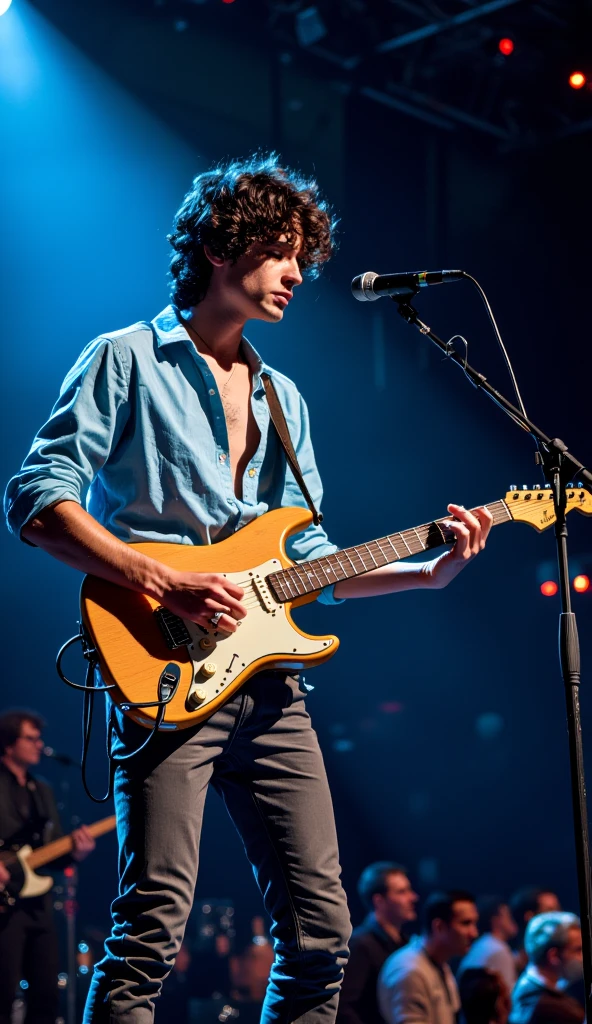 a young man playing an electric guitar on a stage. He's wearing a light blue, unbuttoned shirt with the sleeves rolled up, and dark gray pants. He has dark, medium-length hair and is looking down at his guitar as he plays. A microphone stand is positioned in front of him, indicating he's likely singing as well. The background is dark, and the stage lights shine brightly on him, creating a spotlight effect. The audience can be seen in the distance, blurred in the background.