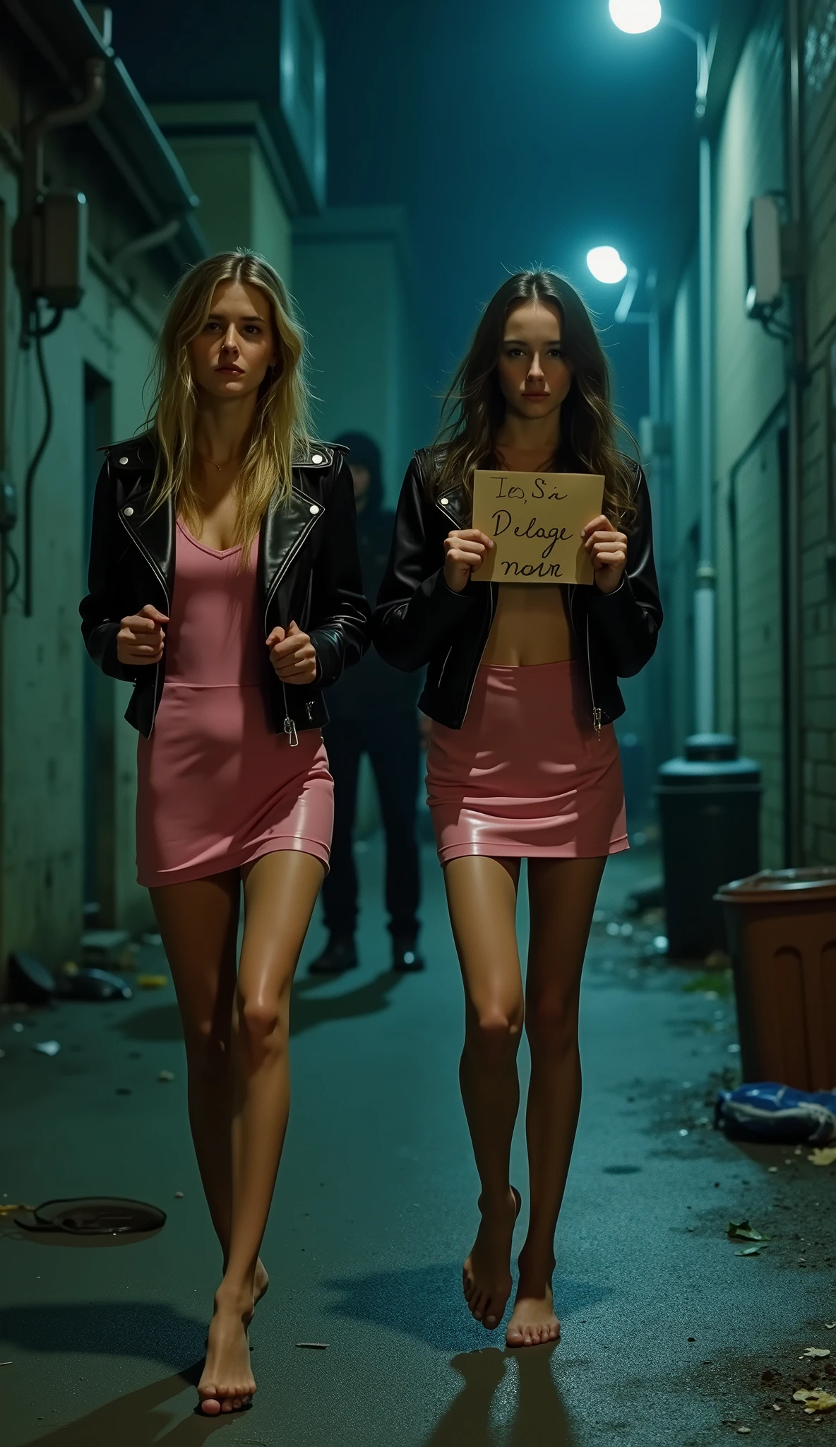 A realistic cinematic depiction of two beautiful young skinny aorexic women, aged ** to 19, standing together on a deserted dark Back alley at night, the back alley are full ov trash and trashcans, (One of the girls is holding an hand whitten paper sign Text "PLEASE HELP US!!"), (the girls have super long skinny anorexic legs), (extremely long skinny legs :1.9), long over the knee silk stockings, (short revealing skintight latex micro dresses—one in vibrant bright pink—each paired with a casual biker leather jacket draped over their shoulders). ((super tall platform 25inch high heels)), (Platform High heels), but their focus is elsewhere. Their faces are etched with visible fear and anxiety. One woman is clutching her jacket tightly around her chest, her wide eyes staring into the distance, while the other looks over her shoulder, her mouth slightly open as if gasping or about to scream. Their hair is super long and slightly tousled from the cold night breeze—one with loose waves and the other in a long messy ponytail. The back alley is dimly illuminated by a flickering streetlight, casting harsh shadows across the ground. Behind them, deep in the shadows, looms the faint silhouette huges man in black clothing and huddie over his head, he is holding a big knife, barely visible through the fog but undeniably menacing. The atmosphere is thick with tension and foreboding, as the women,s vulnerability contrasts sharply with the silent, oppressive darkness surrounding them.