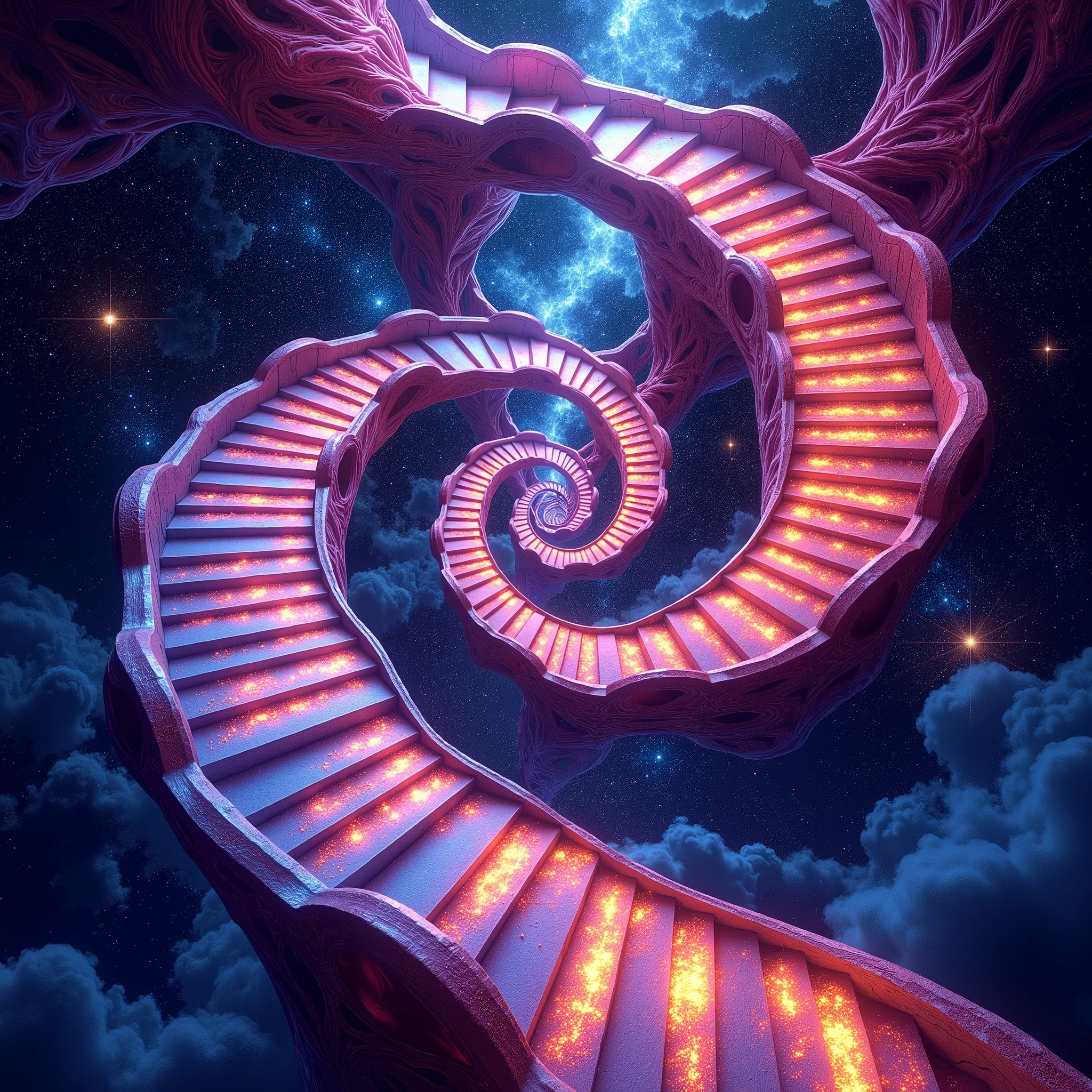 no human,An impossible Penrose staircase is depicted in a psychedelic art style with vivid, swirling patterns and glowing edges. The staircase appears infinite, defying logic with its geometric illusion and impossible structure. The background is a cosmic scene filled with stars, nebulae, and abstract space patterns, adding to the surreal and dreamlike atmosphere. Gradient shading enhances the depth of the stairs, while overlay techniques add complexity and richness to the scene. The artwork is ultra-detailed, rendered in high-quality 8k resolution.