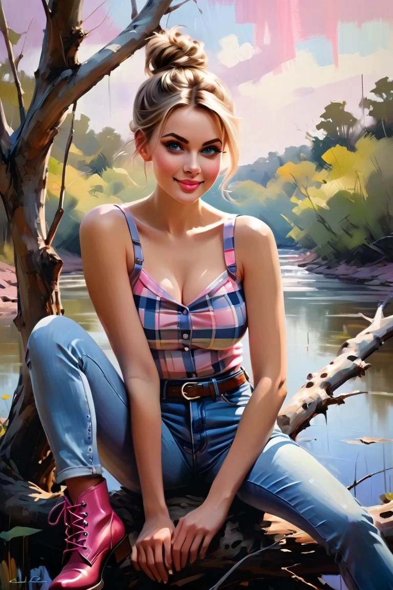  Create a contemporary portrait of a 
beautiful, Young and energetic, Charming model, Large
Breasts, Clive Arch, (Exquisite eyes, Delicate lips,
extremely Exquisite eyes), Show a bright smile, airbrush oil a beautiful woman with her light brown
hair up in a fussy bun she is wearing a pink plaid top blue jeans
and btown boots sitting on a low hanging twisted tree branch
with white pink light blue and lavendar flowers river flowing in
the background (Movie),
(Soft colors, Dull Color, Soothing tone :1.3), (Natural
skin texture, ultra-Practical, Soft Light, sharp),(Very
detailed),  in the
expressive and painterly style of Malcolm Liepke,
utilizing a palette of light pink, yellow and red,
light grayish blue. Dynamic
brushstrokes and a focus on capturina the depth. The painting style is expressive a
nd dynamic, showcasing bold brush strokes and a rich color palette .