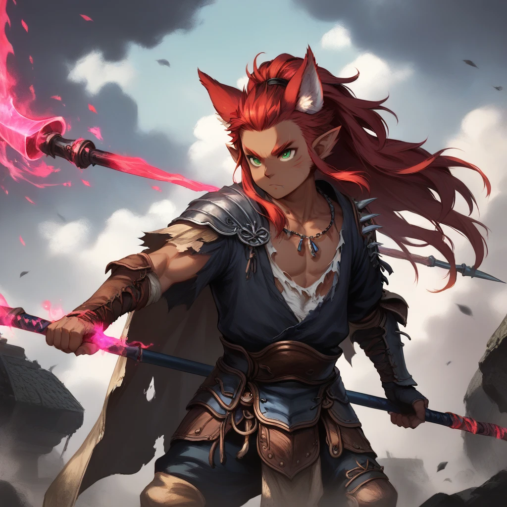 Young boy Kemono elf half beast, Your hair and fur are red,  fighting in the middle of a plain,  her clothes are torn and her armor in pieces ,  her expression is fierce and her eyes are serious ,  in her left hand she holds an impressive spear with a long blue fabric that wraps around it,  her other hand is in a claw shape ,  her red hair wobbles in the wind ,  dark skin under the red fur , deep green eyes , iris feral,  animal ears , wolf ears,  body hair , Alone,  Battlefield,  magic and shadows in the background ,  long hair , by the bodies, Alone, 1 man. humanoid face.