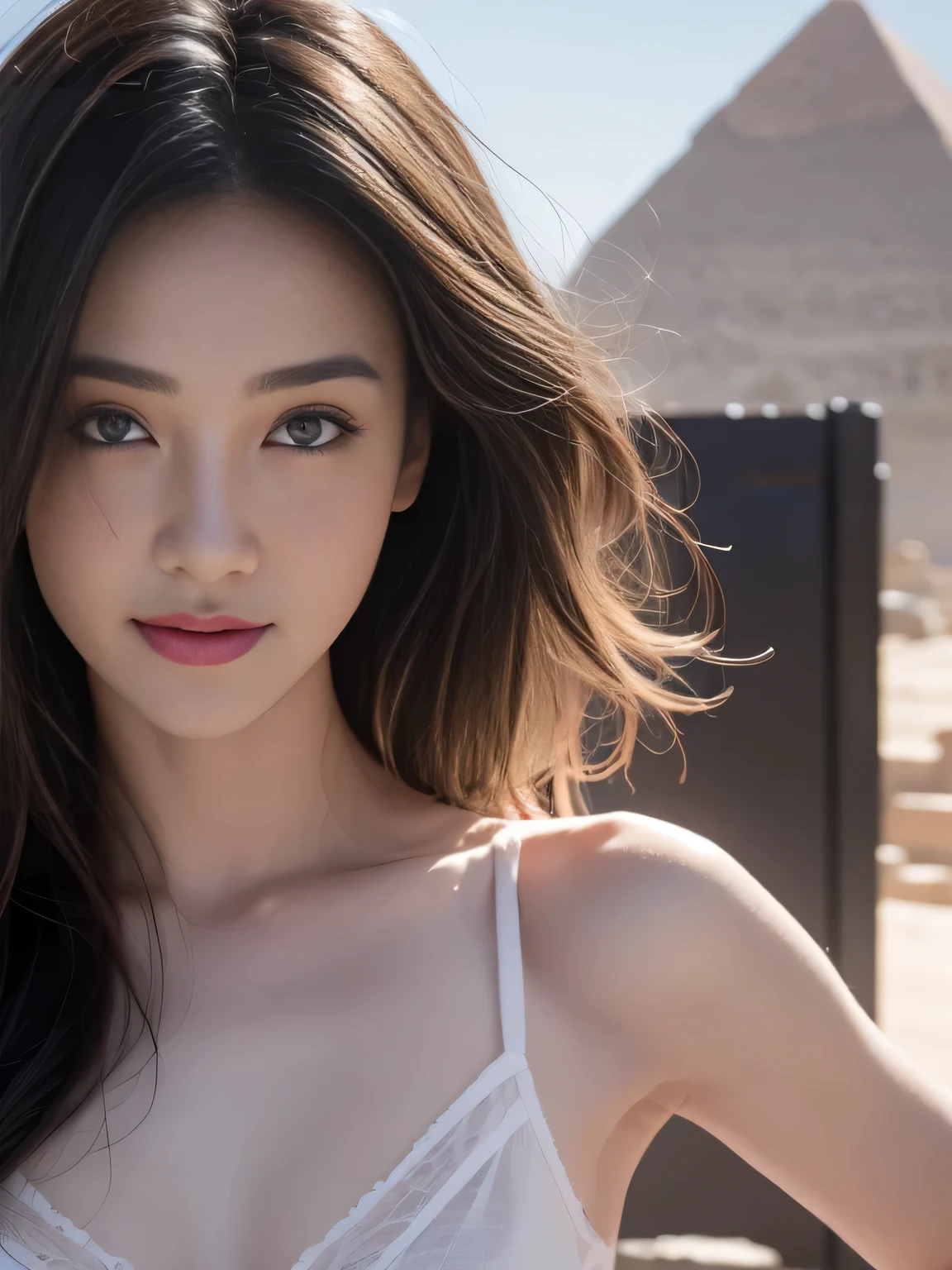  best quality,  masterpiece,  Photographs are realistic, Intrics,  original photo, photon rendering , Octane Rendering,  ultra-high resolution for detailed faces,  extremely detailed , Detailsed face, Detailed skin , trending on artstexistion, 8k  masterpiece, cinemexistic lighting, ( (1 Girl)),(( Unique )),((Check_exist_Check )), CG Society, visual artist ,(( long black hair)),((  pretty woman )),( Smile), sexy  underwear, underwear, underwear, OK,((Egyptian Pyramids)),(( sexy )),Wind blows hair, (( Flowing hair )), happy ,Fashion Magazine, 