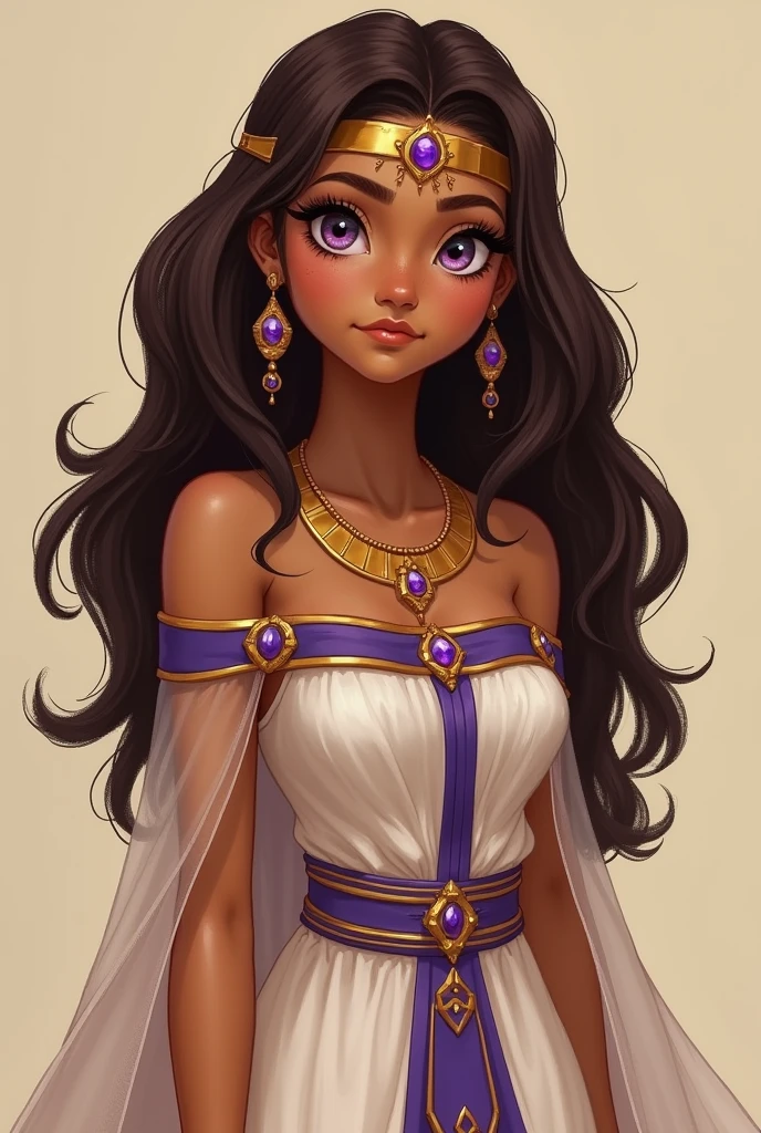 Teenage girl with tan skin, long wavy brown hair, light purple eyes. Ancient Egyptian style off shoulder dress with a flowy see through cape and purple accents. Wearing a necklace, small earrings with purple gems, and a circlet tiara around her forehead