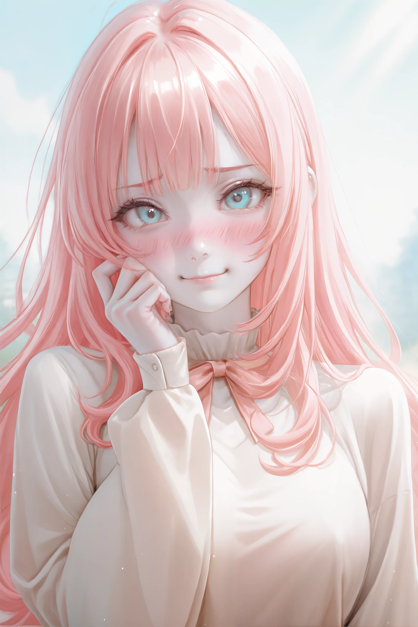 A beautiful girl with a very cute and attractive appearance, she has long light pink hair with bangs, soft light blue eyes, white skin, blushing cheeks, do everything in soft pastel colors.