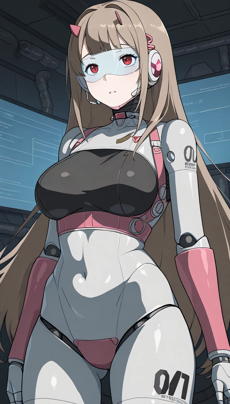 masterpiece, best quality, extremely detailed, (8K, 4K, Best Quality, hight resolution, 超A high resolution:1.1), ,8k portrait, Japaese android Girl,Plump , black leg cover,announcer,control panels,android,Droid,Mechanical Hand, Robot arms and legs, Robot Parts,golden long hair,Mechanical body,Blunt bangs,perfect mechanical abdomen, robotics parts,perfect robot woman,future laboratory,cyber pank,charging spot,laboratory,long tube,thick cable connected her neck,black ceramic body ,perfect mechanical body, robot body,lod antenna,mechanical ear cover,android,robot humanoid,black sponge joints,The removable cover is in the groin,The connection port is in the groin,opened chest panel,access panel on the chest,opened breast panel,perfect mechanical breast,perfect black machine body,perfect black android body,She has repaired,assembly plant,no human skin,visor,mistyrobot,viper(nikke),robot joint,doll joint,malfunction,core unit,a thin waist,mecha musme,chrome body