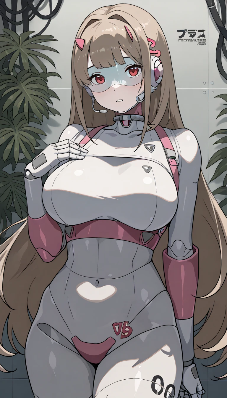 masterpiece, best quality, extremely detailed, (8K, 4K, Best Quality, hight resolution, 超A high resolution:1.1), ,8k portrait, Japaese android Girl,Plump , black leg cover,announcer,control panels,android,Droid,Mechanical Hand, Robot arms and legs, Robot Parts,golden long hair,Mechanical body,Blunt bangs,perfect mechanical abdomen, robotics parts,perfect robot woman,future laboratory,cyber pank,charging spot,laboratory,long tube,thick cable connected her neck,black ceramic body ,perfect mechanical body, robot body,lod antenna,mechanical ear cover,android,robot humanoid,black sponge joints,The removable cover is in the groin,The connection port is in the groin,opened chest panel,access panel on the chest,opened breast panel,perfect mechanical breast,perfect black machine body,perfect black android body,She has repaired,assembly plant,no human skin,visor,mistyrobot,viper(nikke),robot joint,doll joint,malfunction,core unit,a thin waist,mecha musme,chrome body