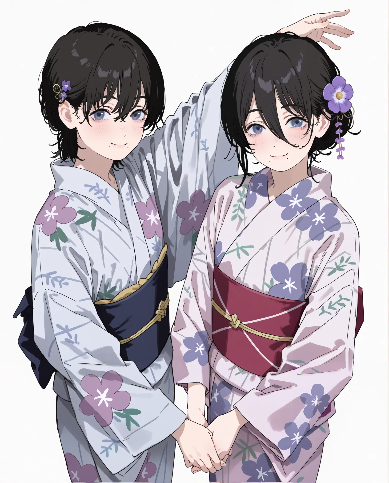 girls in yukata on a white background,posing side by side,yukatas,obis,pink yukata,violet yukata,flowery yukatas,,hair ornaments,sash,floral print,holding hands from above,smiling at viewer,white background,Fuj1noLB,highly detailed, black hair ,((full_body)), masterpiece,amazing quality,taken from the little fingers, short hair, best quality,very aesthetic,Cute,Mole under eye,Mole under mouth,Between eyes,Mole under mouth