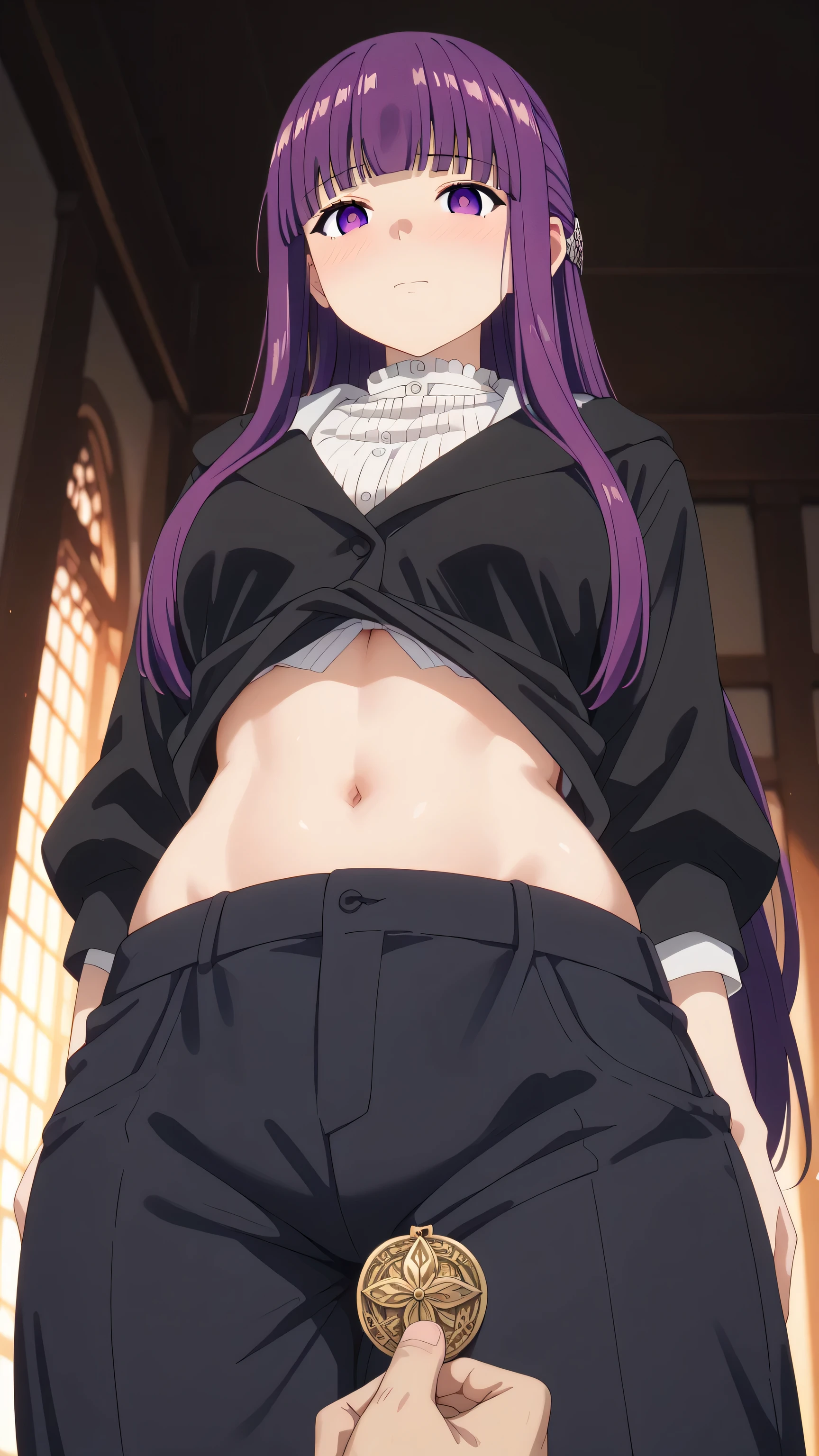 Score_9, Score_8_up, Score_7-up, Score 6-up, ScoreS Score 4_up, Source anime, Tag1, Tag2, Best quality, High quality, Detailed, High resolution, 8k, Ultra high res, Soft saturation, Professional quality, Perfect contrast, Perfect litthing, fern, Anatomically correct, Perfect face, Face perfect, Perfect hair, Perfect eyes, Perfect body, Perfect chest, Perfect arms, Flawless skin, Clear face, Hyper breasted, Wide hips, Gargantuan butt, Sensual woman, Embarrassed, blush, blush lines, bedroom eyes BREAK low-angle view, standing, shirt lift, Underboob, pants down, long hair, bangs, purple eyes, purple hair, sidelocks, blunt bangs, bright pupils, half updo, anime screencap, pov grep her breasts