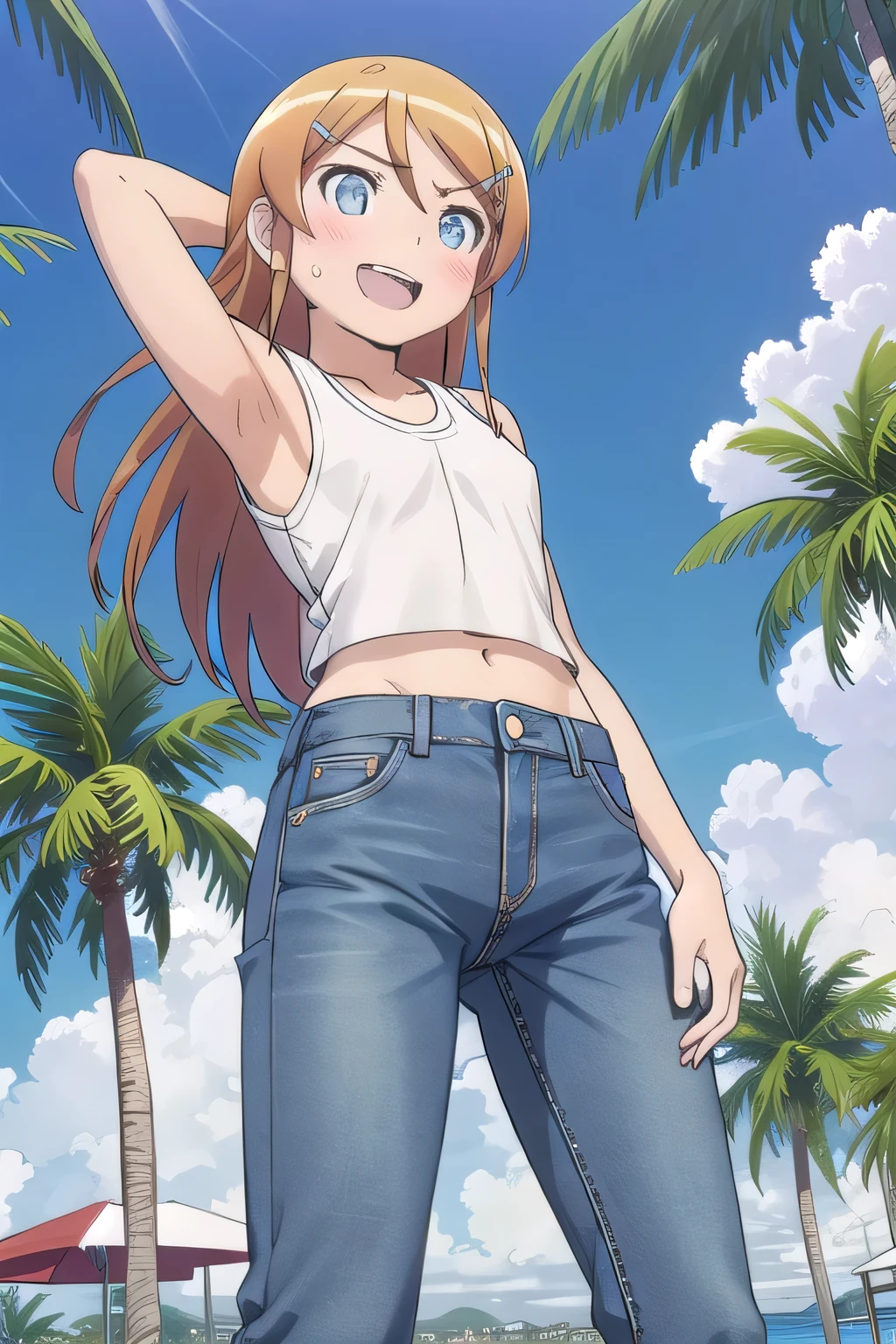 masterpiece,best quality,ultra detail, ((Perfect Face, Perfect Arms, Perfect hands, Perfect Fingers)), 1girl, 14yo, petite, ((round face, ecstasy, orgasm face, drooping eyes, shame smiling, blush)), dropping eyes, sleepy, background((under the beach, (day:1.2), palm tree, bright sky)), Kousaka Kirino, long hair, blue eyes, hair ornament, hairclip, orange hair, aqua eyes, arms behind head, contrapposto, spread armpits, ((invisible hands, invisible fingers)), looking at viewer,, (white tank top:1.2), (white crop top:1.2), (jeans pants:1.2, flares jeans:1.2, skinny jeans:1.2, blue jeans:1.2), standing, (legs spread:1.2), sex pose, Sweaty crotch, Steam from the crotch, from below, full medium body