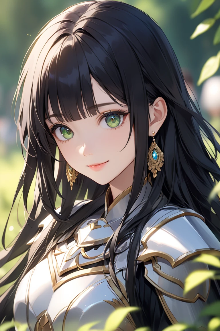 1人of女of子, armor, black_hair,  blurry ,  blurry _background,  blurry _foreground, chest, green_eye,  closed _mouth, Depth_of_Field,  earrings,   jewelry, length_hair, is watching_in_viewer, smile, Alone, upper _body