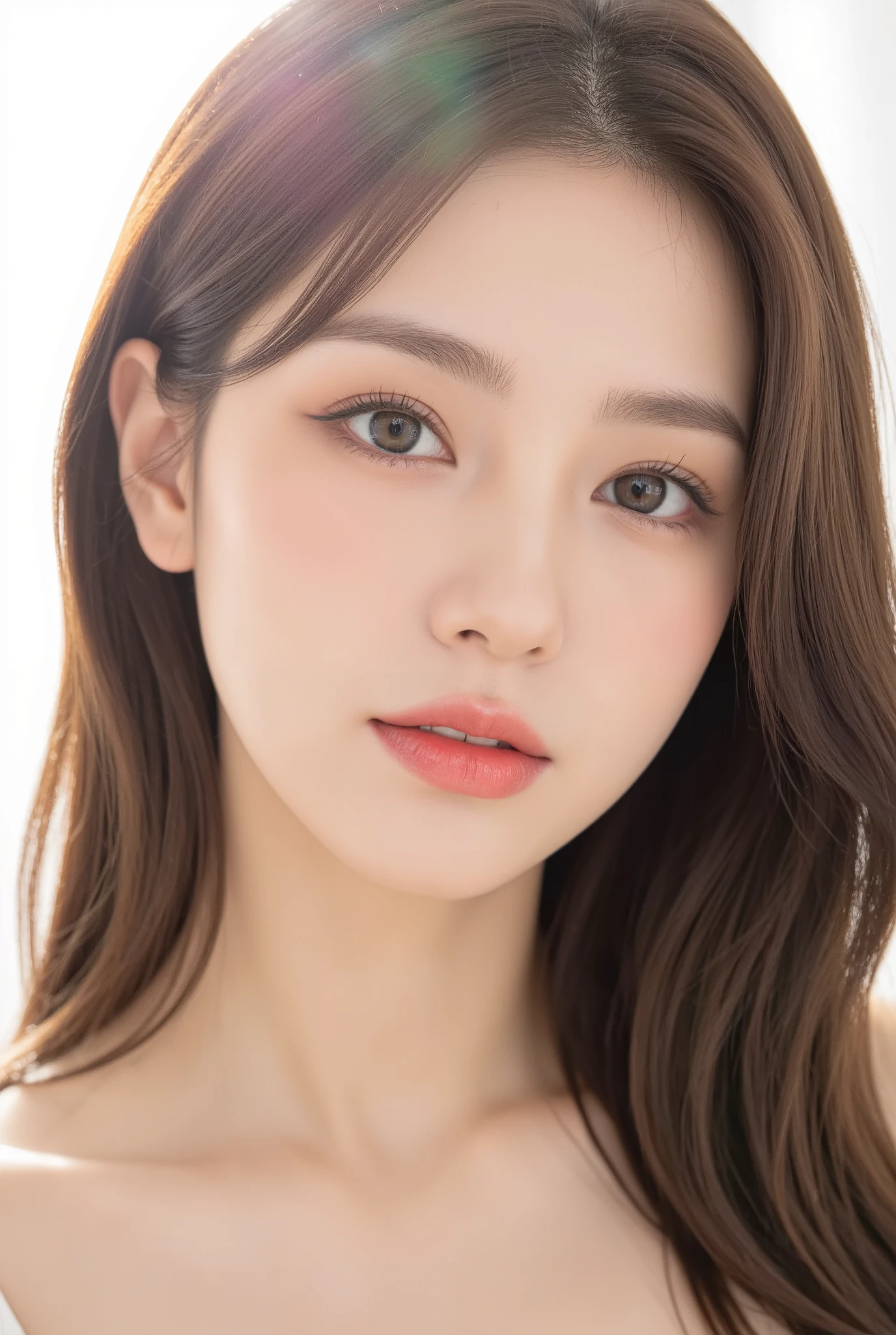 m1yeon, solo, (highly detailed eyes:1.1), (highly detailed face:1.1), (solid white background:1.5), minimalistic studio setup, bare skin, nude, completely nude, warming light tones, Brown hair, warming light, long layers hair, (brown eye:1.3), perfect detail face, Delicate face, sparkling eyes, slender figure, 20 years, natural smooth skin, pink lips, (face close-up:1.3), lens flare, f/1.8, 35mm, Hasselblad, high quality, high details, masterpiece, 8k