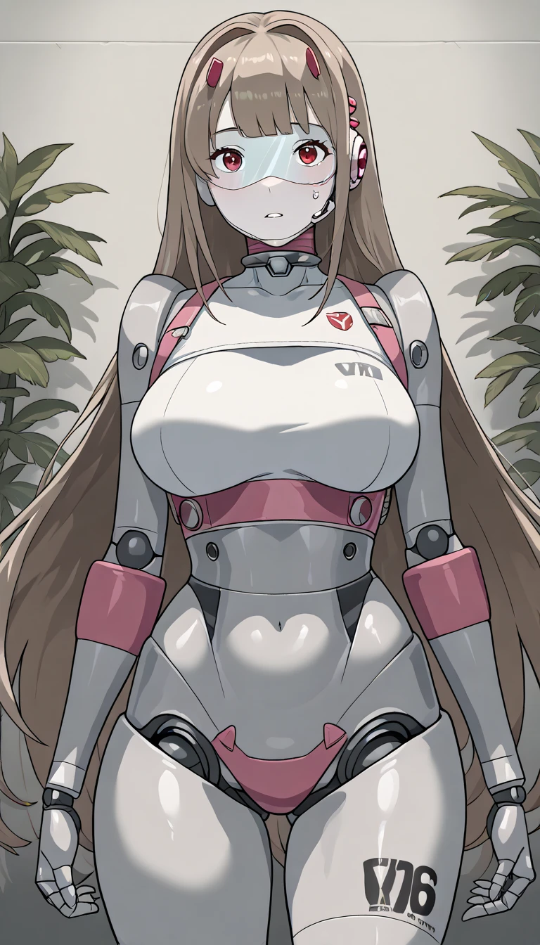 masterpiece, best quality, extremely detailed, (8K, 4K, Best Quality, hight resolution, 超A high resolution:1.1), ,8k portrait, Japaese android Girl,Plump , black leg cover,announcer,control panels,android,Droid,Mechanical Hand, Robot arms and legs, Robot Parts,golden long hair,Mechanical body,Blunt bangs,perfect mechanical abdomen, robotics parts,perfect robot woman,future laboratory,cyber pank,charging spot,laboratory,long tube,thick cable connected her neck,black ceramic body ,perfect mechanical body, robot body,lod antenna,mechanical ear cover,android,robot humanoid,black sponge joints,The removable cover is in the groin,The connection port is in the groin,opened chest panel,access panel on the chest,opened breast panel,perfect mechanical breast,perfect black machine body,perfect black android body,She has repaired,assembly plant,no human skin,visor,mistyrobot,viper(nikke),robot joint,doll joint,malfunction,core unit,a thin waist,mecha musme,chrome body