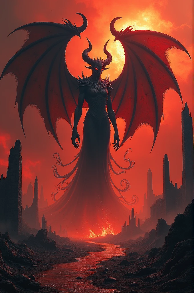 (masterpiece, A high resolution, Dark:1.2), ominous silhouette of an evil demoness, (A sinister aura:1.1), (Glowing red eyes:1.3) breaking through the shadows, (loose black hair:1.2) sharp horns falling down, sticking out of the forehead, (scary black wings:1.2) expanded, casting a menacing shadow on the ground, (ethereal fog:1.1) swirling around her, hyperreal, Photorealistic
