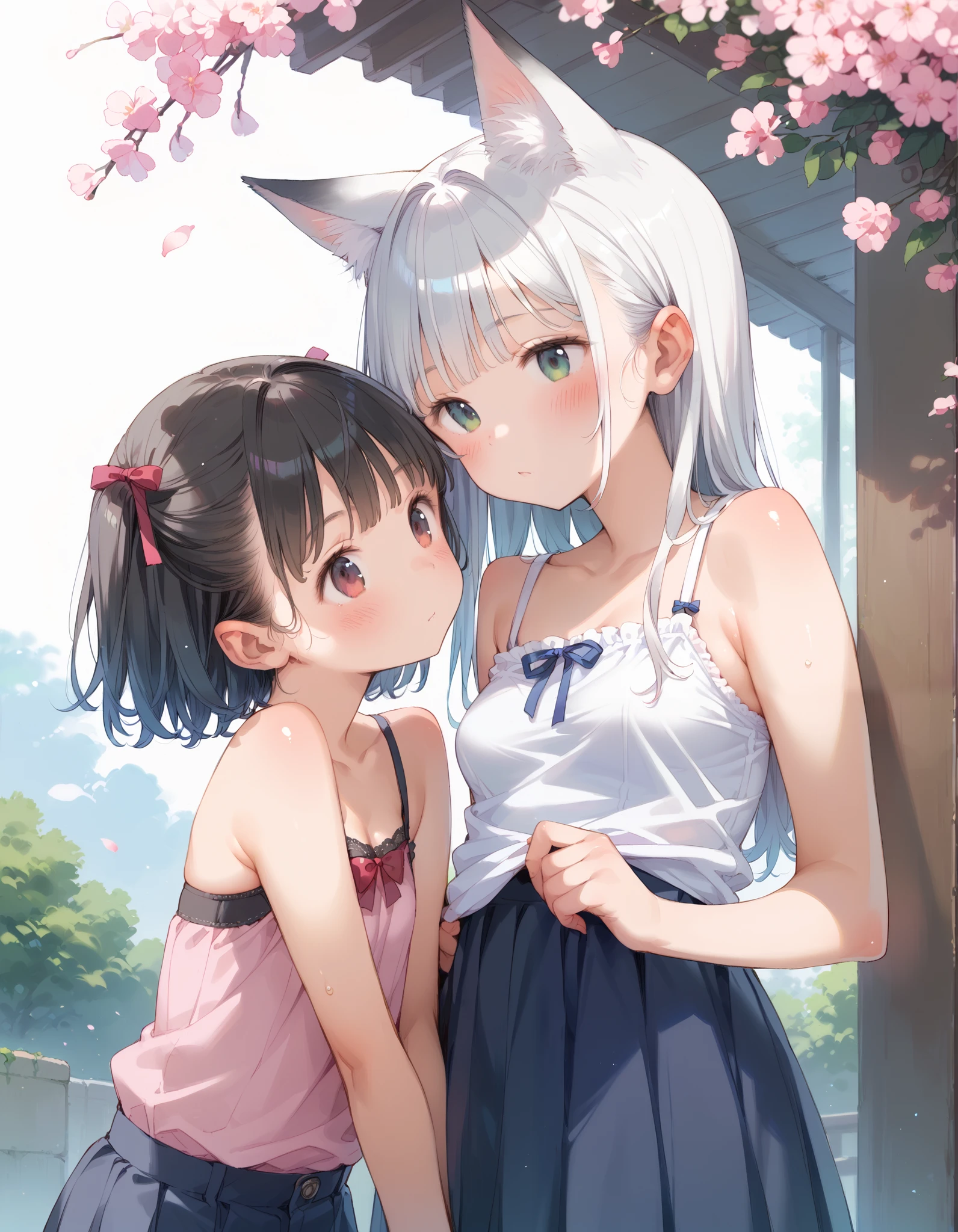 score_10, score_9,  score_8_ up,  score_7_ up,  source_Anime,   high resolution images  ,  Masterpiece  ,  top quality ,  girl ,  cute face,Let's cry 、Tears accumulate at the outer corner of the eye、 plump breasts 、 white skin,  shiny hair ,  Shiny Skin、Sweaty skin、 fox ear、 super detailed eyes are sandwiched between rows,  cherry blossom background ,  pulls clothes ,  presses against the chest、 camisole、 cute bra、I'm going to slide down my cute panties,  short skirt,  is standing