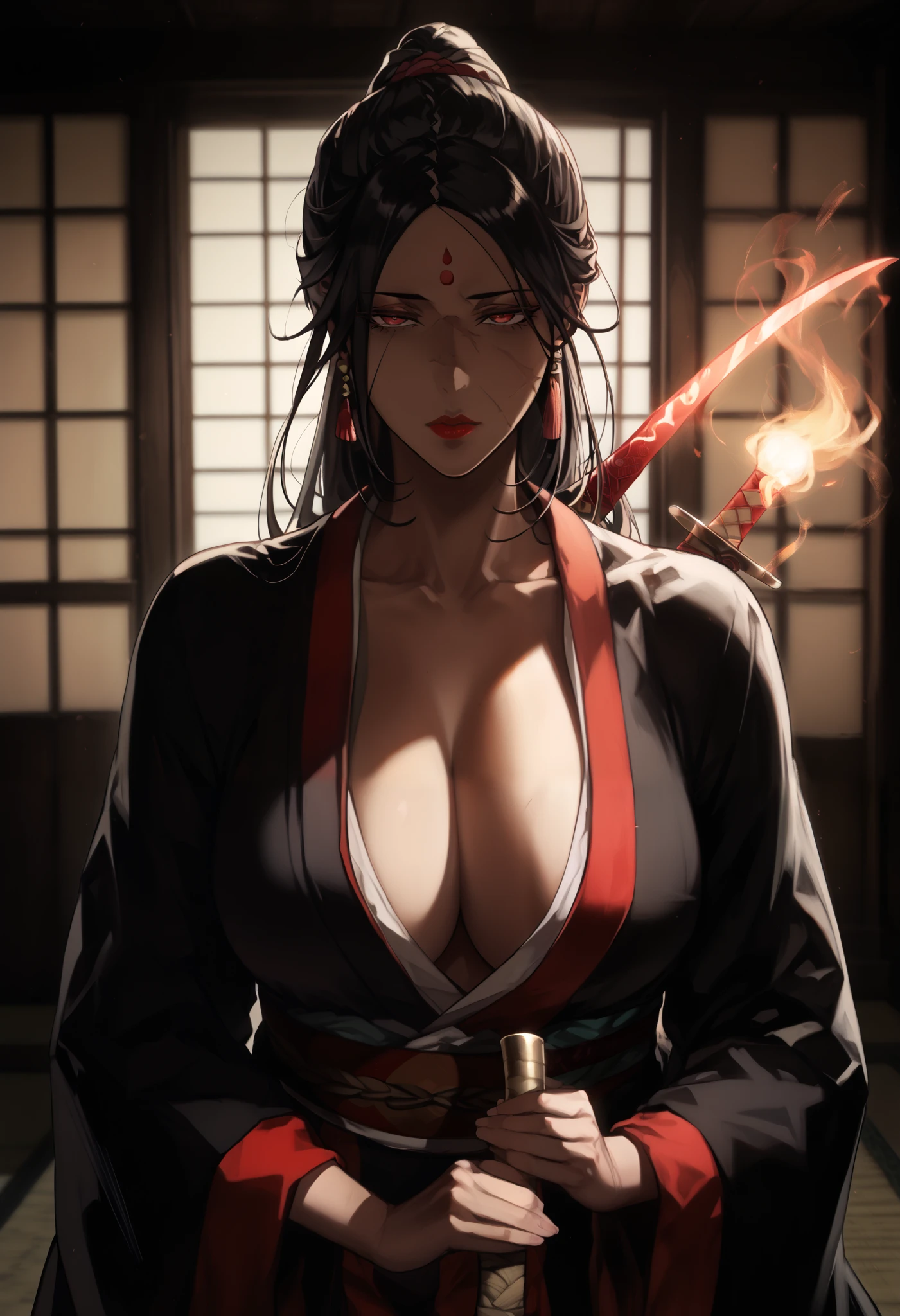 score_9, score_8_up, score_7_up, score_6_up, score_5_up, score_4_up, source anime,((masterpiece,best quality,high detailed)), looks up at the 、  black kimono 、(  mature woman :1.4)、Poisonous woman  、、  、Japanese-style room,　Unohana_guess,Scar Face, red eyes, black hair, black hair, (very long hair, straight hair, forehead,),red and black kimono,(Detailed vibrant kimonos , Highly detailed embroidery:1.3), haori, long sleeves, wide sleeves, expressionless, narrowed eyes,  expressionless, narrowed eyes, collarbone, cleavage,
large breasts, lips, red lips, androgynous, shaded face, holding weapon, katana, dynamic pose, moody, epic, gorgeous, film grain, grainy,Horror