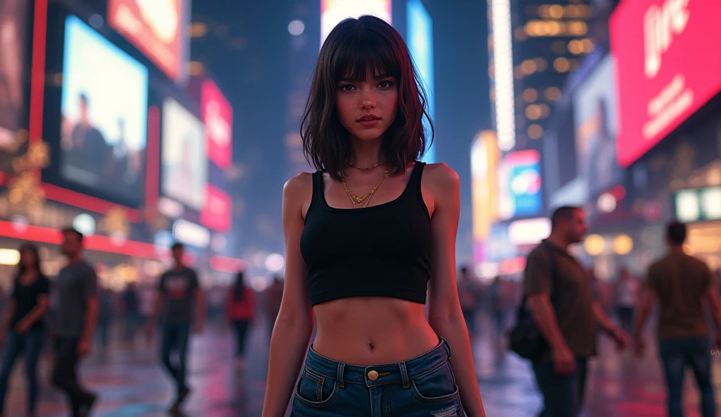 Influencer, standing on balcony at night, short black hair, wearing jeans and white t-shirt, busty, night time, city scape, neon lighting, moody, 8k HD high definition detailed realistic, detailed, skin texture, hyper detailed, realistic skin texture, best quality, ultra high res, (photorealistic: 1.4), high resolution, detailed, Raw photo, Sharp Re, by Lee Jeffries Nikon D850 Film Stock Photography 4 Kodak Portra 400 Camera F1.6 Lens Rich Colors Hyper Realistic UnrealEngine trend in ArtStation Cinestill 800