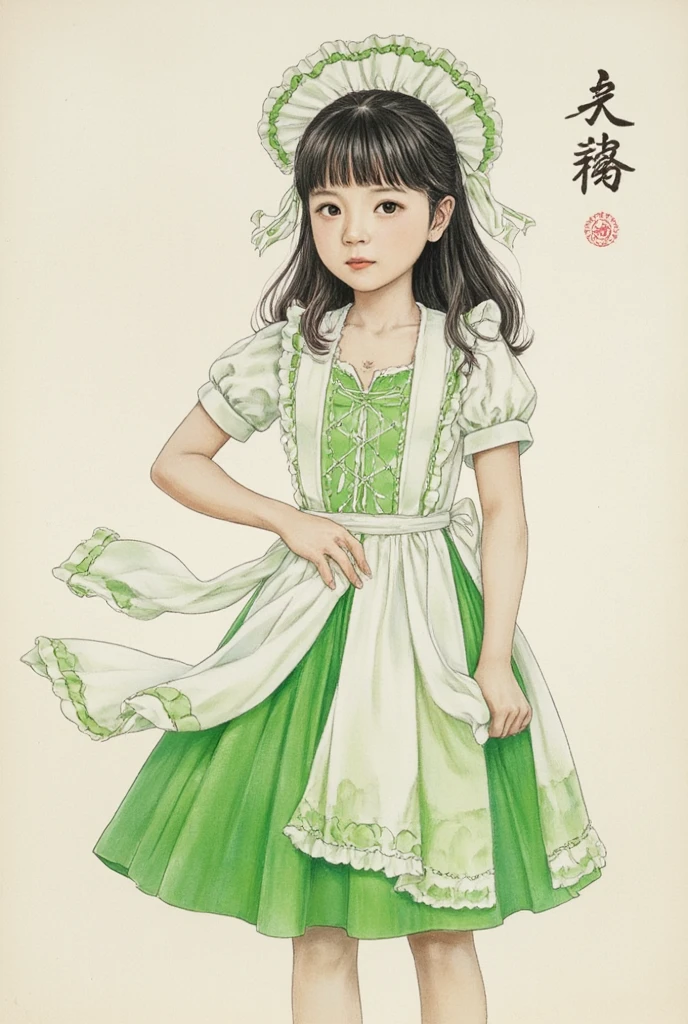 masterpiece、 top quality、Texture、Realistic depiction、 real pictures、 Japanese、Young girl、、Young face、 、A dress with lots of white and green frills、 full body description、 long hair、 shaved pussy、 cleavage in years