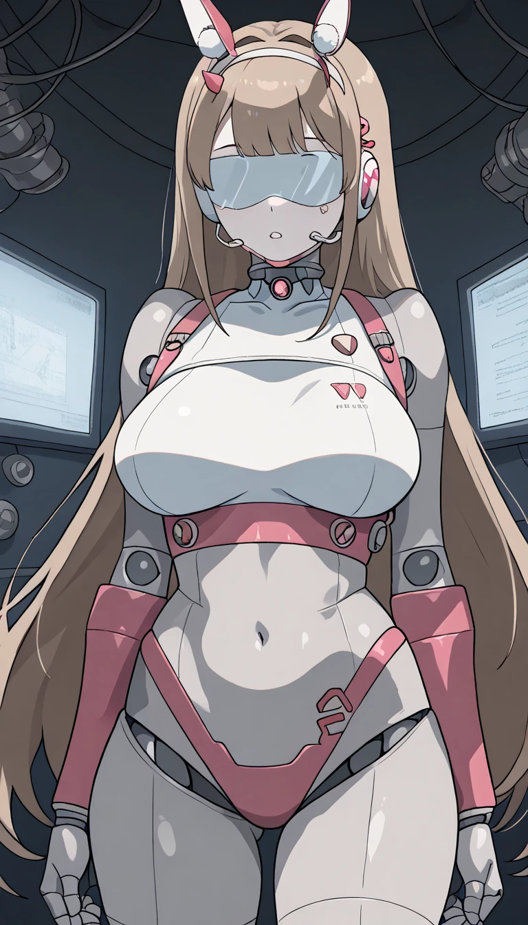 masterpiece, best quality, extremely detailed, (8K, 4K, Best Quality, hight resolution, 超A high resolution:1.1), ,8k portrait, Japaese android Girl,Plump , black leg cover,announcer,control panels,android,Droid,Mechanical Hand, Robot arms and legs, Robot Parts,golden long hair,Mechanical body,Blunt bangs,perfect mechanical abdomen, robotics parts,perfect robot woman,future laboratory,cyber pank,charging spot,laboratory,long tube,thick cable connected her neck,black ceramic body ,perfect mechanical body, robot body,lod antenna,mechanical ear cover,android,robot humanoid,black sponge joints,The removable cover is in the groin,The connection port is in the groin,opened chest panel,access panel on the chest,opened breast panel,perfect mechanical breast,perfect black machine body,perfect black android body,She has repaired,assembly plant,no human skin,visor,mistyrobot,viper(nikke),robot joint,doll joint,malfunction,core unit,a thin waist,mecha musme,chrome body,fellatio,yuri