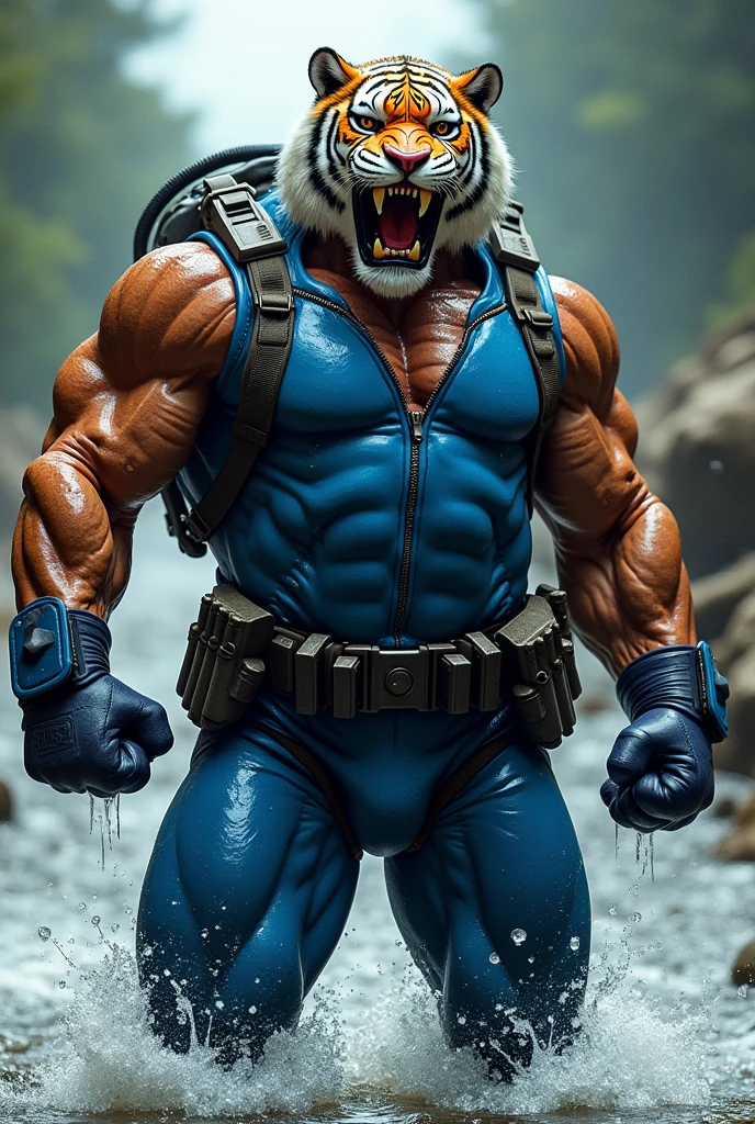 (A rugged beefy extremely muscular bulky old man), (wearing blue zipper wetsuit), (wearing realistic roaring tiger mask), raising fist, wearing bulky harness, wearing bulky scuba gear, muscular physique, toned muscles, fierce, heroic, action, comic artstyle, bulky best quality, wearing white combat gloves. wearing gun holster on left thighs, dynamic action pose, fierce expression, showcasing an imposing stature, powerful, best quality image, action-packed atmosphere, masterpiece. soaking wet