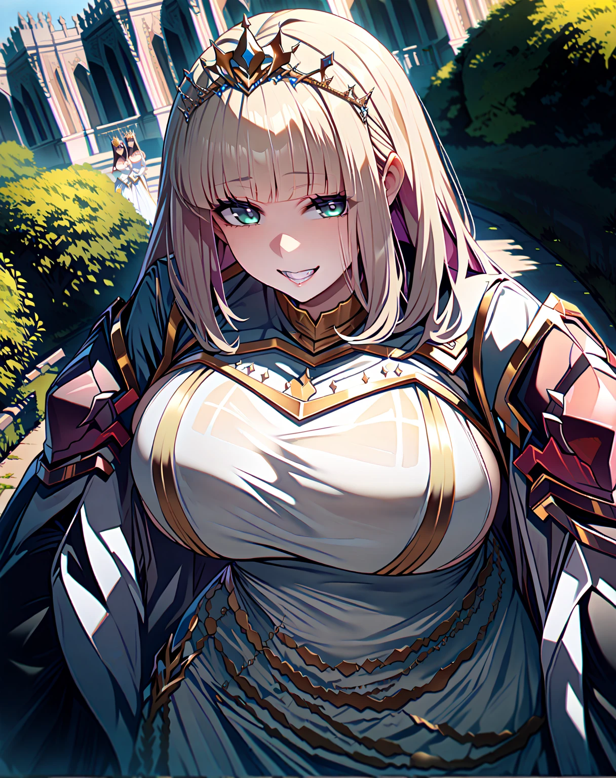 {{ upper body,  Dutch angle}} {{ artist: moisture_(Chichi)}}  female 1,  there are 2 security guards on each side holding her, 2 men in armor ,  Faceless Woman ,  mature woman,  elegant ,  princess,  big boobs,  straight hair, Blonde,  long hair, hime cut,  green eyes, white dress,  gold trim ,  tiara ,  Watching Viewers ,  grin ,  detained by 2 men ,  Faceless Man , Outdoors, garden, palace,