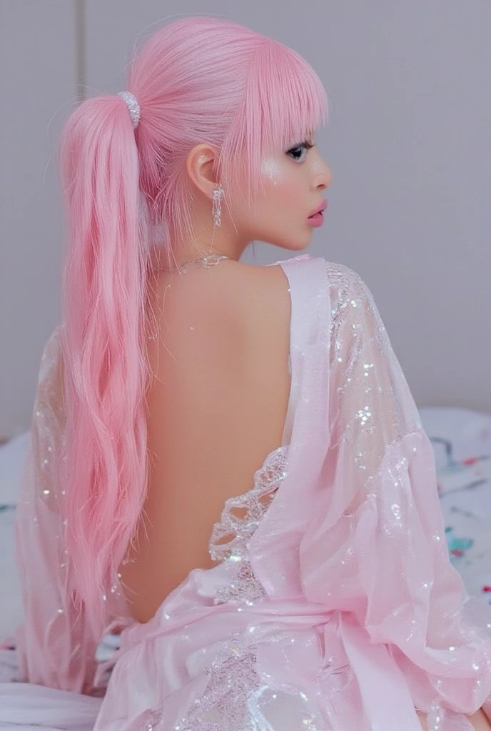 porn girls , Latex shoker,young girl 18 years, No mask cute young face,The face is watching , pink hair,ponytail, black eyes,See full upper body, heavenly robe with large cutout , sitting in bed,lolita,jung, Face like a  ,elf ears