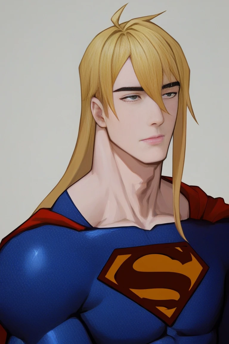 (   top quality), (   top quality), (   top quality), (Mikazuki Munechika) Backstreets, 18 years old beautiful Japanese young man with a cool and handsome face,    Superman Costume, 18 years old,    Slender Macho Man , 190cm,  long hair,    long bangs  ,