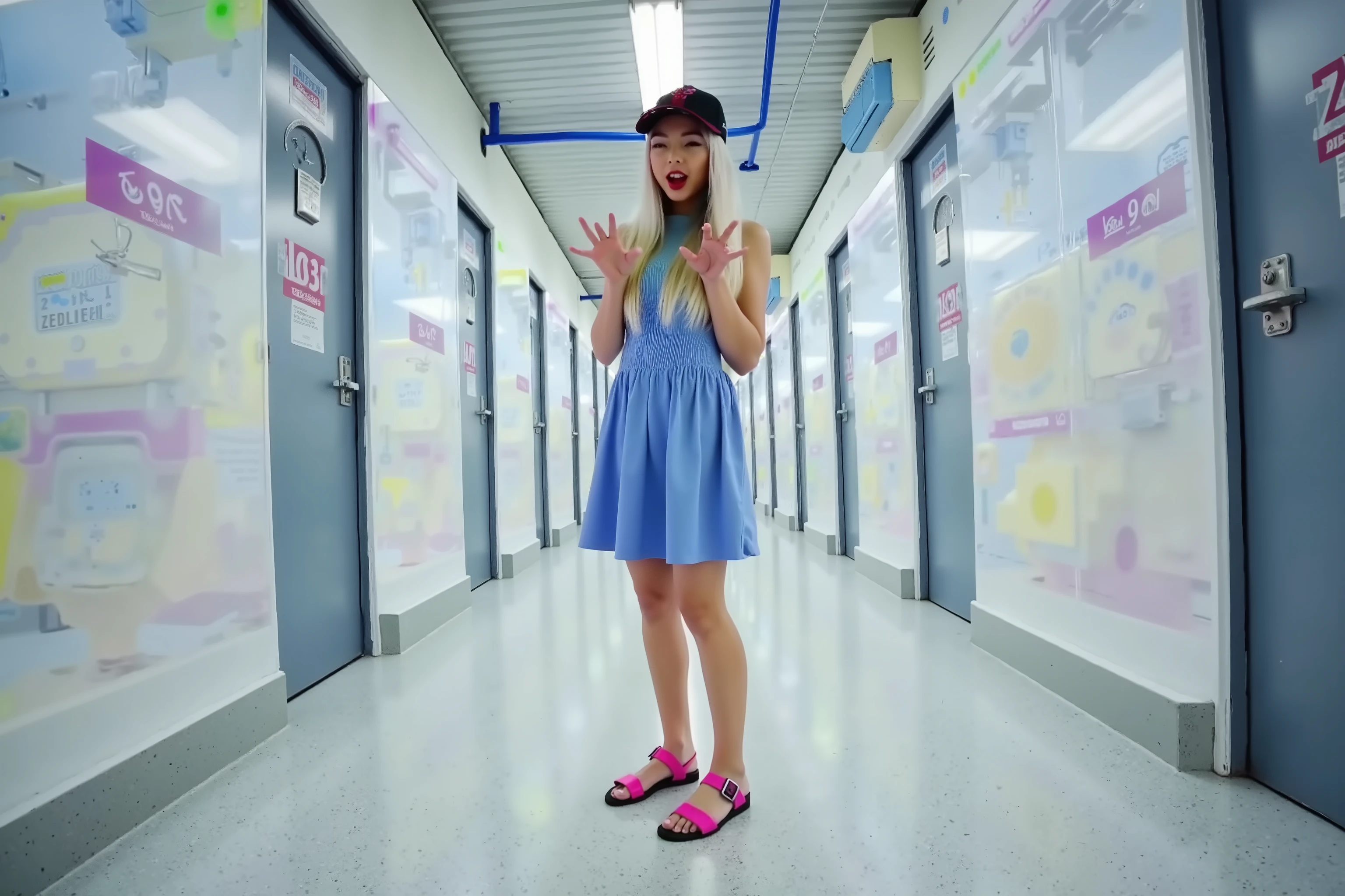 A cute woman (cute, confused, blue summer dress, pink sandals). She is in a well lit endless corridor which stretches out of sight, neat and clean, the occasional blue pipe, no doors and no end in sight, view is from behind her and slightly over her shoulder