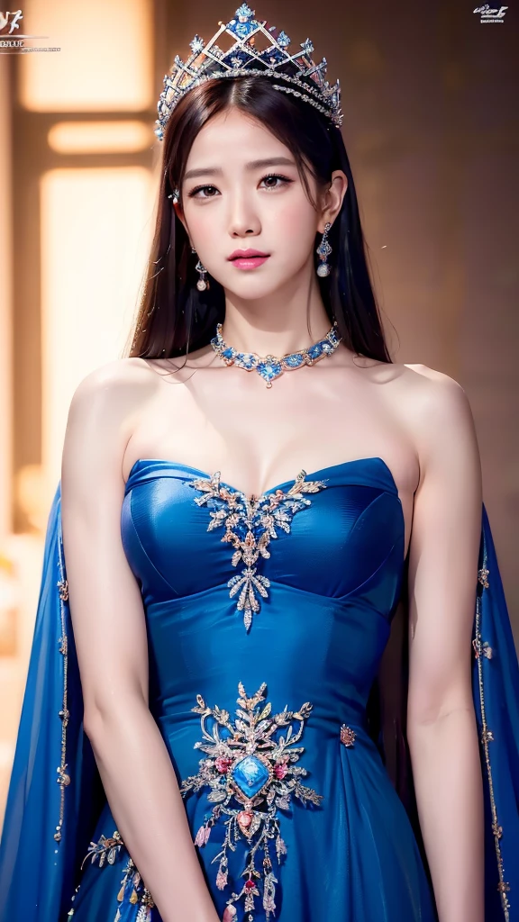 Rosé reimagined as a mythical queen wearing long gorgeous blue gown and a crown. High definition, clear upscale image. Close-up 
High Resolution, Masterpiece, Anatomically Correct, Best Quality, High Details, Super Detailed, Textured Skin, UHD, Cinematic, Hyperdetailed, Hyperrealism, Realism, Photorealistic, 