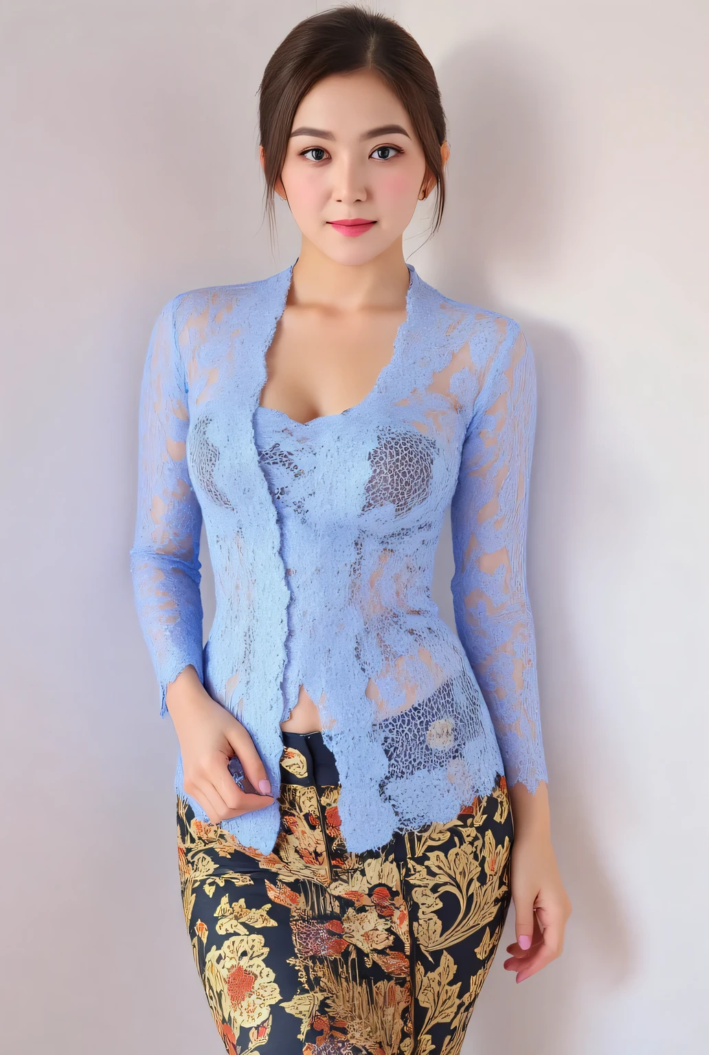 of a 25 year old woman, standing facing forward, using light blue transparent bali kebaya shirt, dark red lips ,