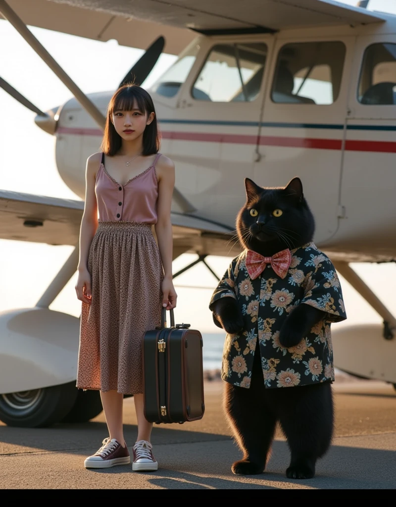 ultra-realistic, photorealistic, dramatic scene, shadow, global-illumination, nostalgic, 1 girl\( 20 years old Japanese beautiful girl, beautiful with cute face, wearing a cute patterned one-piece dress with long skirt, pastel camisole, shoulder-length brown hair, accessories, simple sneaker, elegant hat\), 1 human-like giant black cat\( human-like giant black cat, bow tie, wearing a conservative aloha-shirt, slight taller than the girl, standing with her, wearing an dark colored aloha-shirt, holding a large suits case, little chubby\), the girl and human-like giant black cat are about to board the private flying boat moored at the private seaplane port, old flying boat with single propeller, monoplane, the propeller is illuminated by the sun, shoot from the side of the seaplane, (They stand neatly in front of the seaplane for the photo shoot)