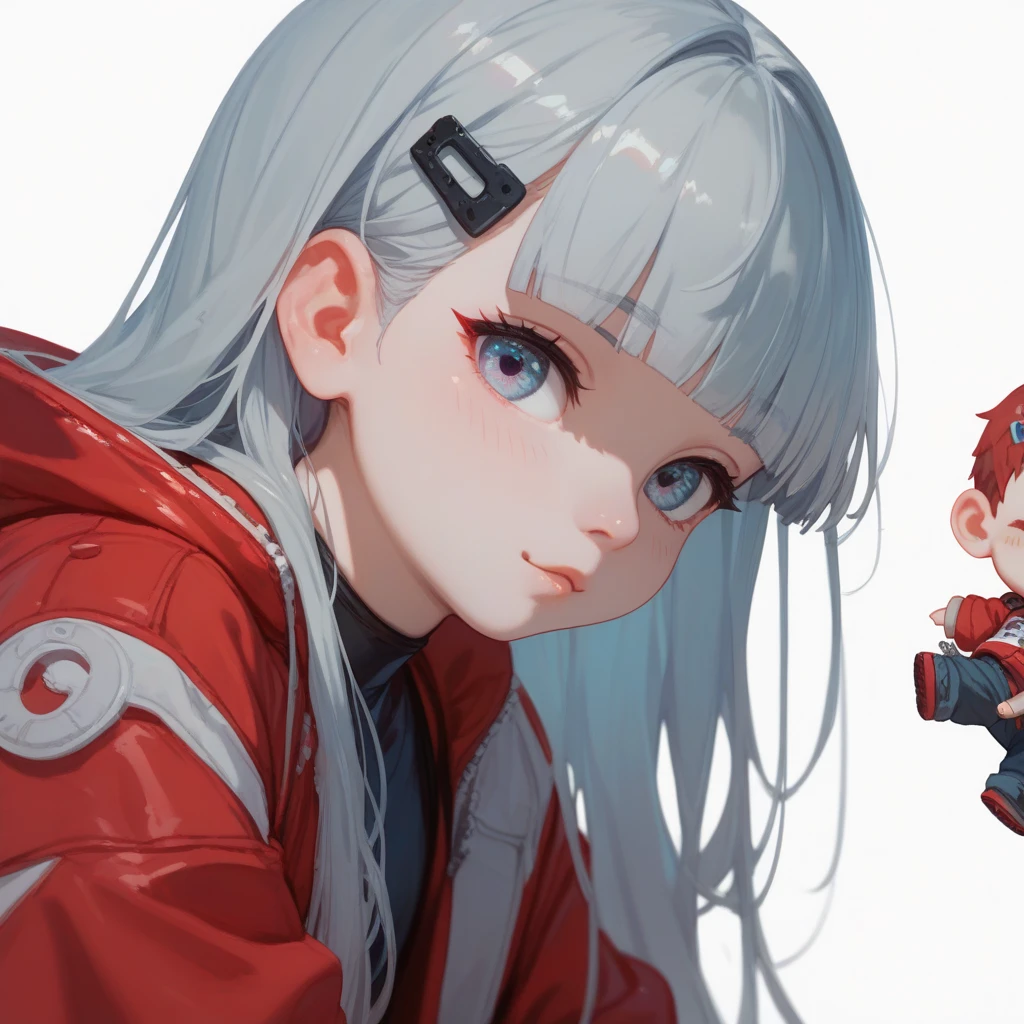 "A young boy with bright grey hair , hime cut , bright skin, and the soft expression , wearing future clothing , red clothes.  The boy squat , wearing headphone.  The white background , gives full focus to the character of the boy , cute chibi , hair clip ,"