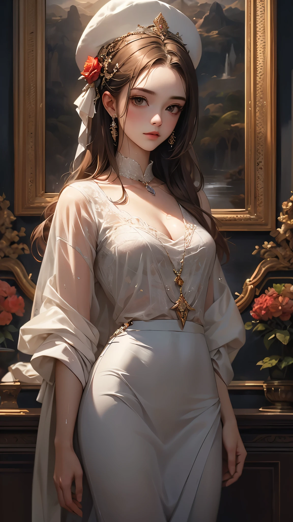 lamplight, Close-up cleavage, beautiful woman, gold eyes, (Detailed eyes, The eyes are bright:1.2), Long black hair, pale-skinned, earrings, medium skin, dark blue dress, Meticulous clothes, golden accessories on clothes, dark blue flowers (perfect anatomia:1.2), Highqualityshadow, natural lightting, (White highlights:1.2),overcast day, (starrysky:1.2), (shining)