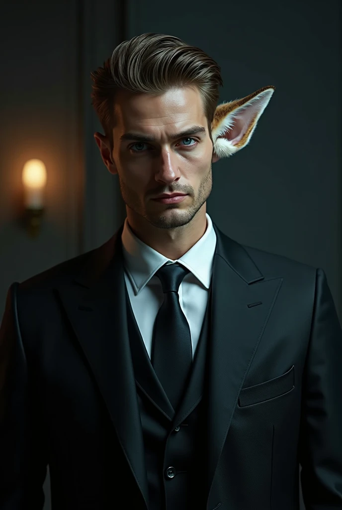 Caucasian man, thin nose, thin lips, blue eyes, blonde hair, deer horn on his head, jock putfit, young handsome face, best quality,masterpiece,Ultra high detail,A handsome muscular man, deer horn on his head, topless, black micro thong, with black cloth, black transparent cloth on his deer horn, realistic,Grey background,