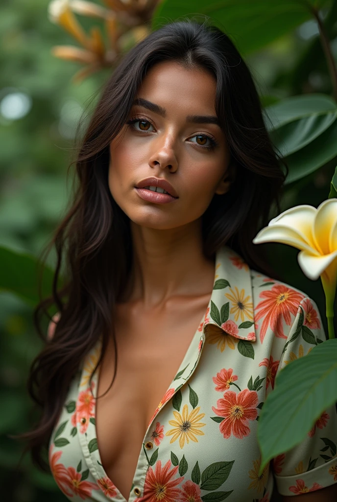 A Brazilian woman in a lush tropical garden, wearing an open shirt with a floral print, with a close-up capturing the harmonious beauty between her breasts and the natural flowers, showing off your natural charm and outgoing personality.