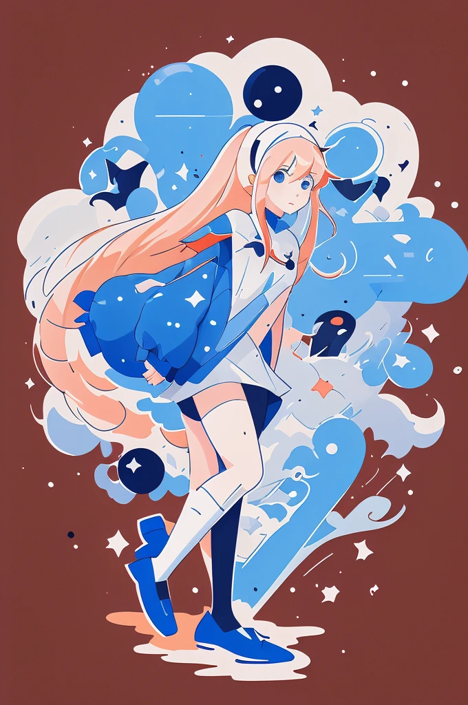   Picture of a Girl Walking with a Coffee Tumbler ,Space dandy style ,  animeアールヌーボーコズミックディスプレイ ,  wearing stars and planets , animes, スペース・ダンディanimeのダンディ, 2Danimeスタイル, anime, animeカバー,  illustration!, Miura Kentaro style!!!!, Comic Book Page ,  Official Fanart,  Official Art, whole page  illustration