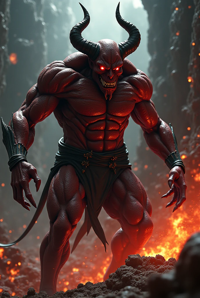 In a dimly lit cave, an Oni glares menacingly at its intruders. Its muscular body is covered in red skin, adorned with tiger-striped loincloths. Two sharp horns protrude from its forehead, and it holds a massive club in its hand. The background is filled with flickering torches and shadows, adding to the ominous atmosphere.