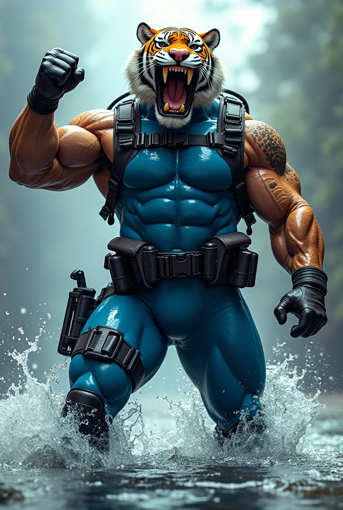 (A rugged beefy extremely muscular bulky old man), (wearing blue fullbody wetsuit), (wearing realistic roaring tiger mask), raising fist, wearing bulky harness, wearing bulky scuba gear, muscular physique, toned muscles, fierce, heroic, action, comic artstyle, bulky best quality, wearing white combat gloves. wearing gun holster on left thighs, dynamic action pose, fierce expression, showcasing an imposing stature, powerful, best quality image, action-packed atmosphere, masterpiece. soaking wet