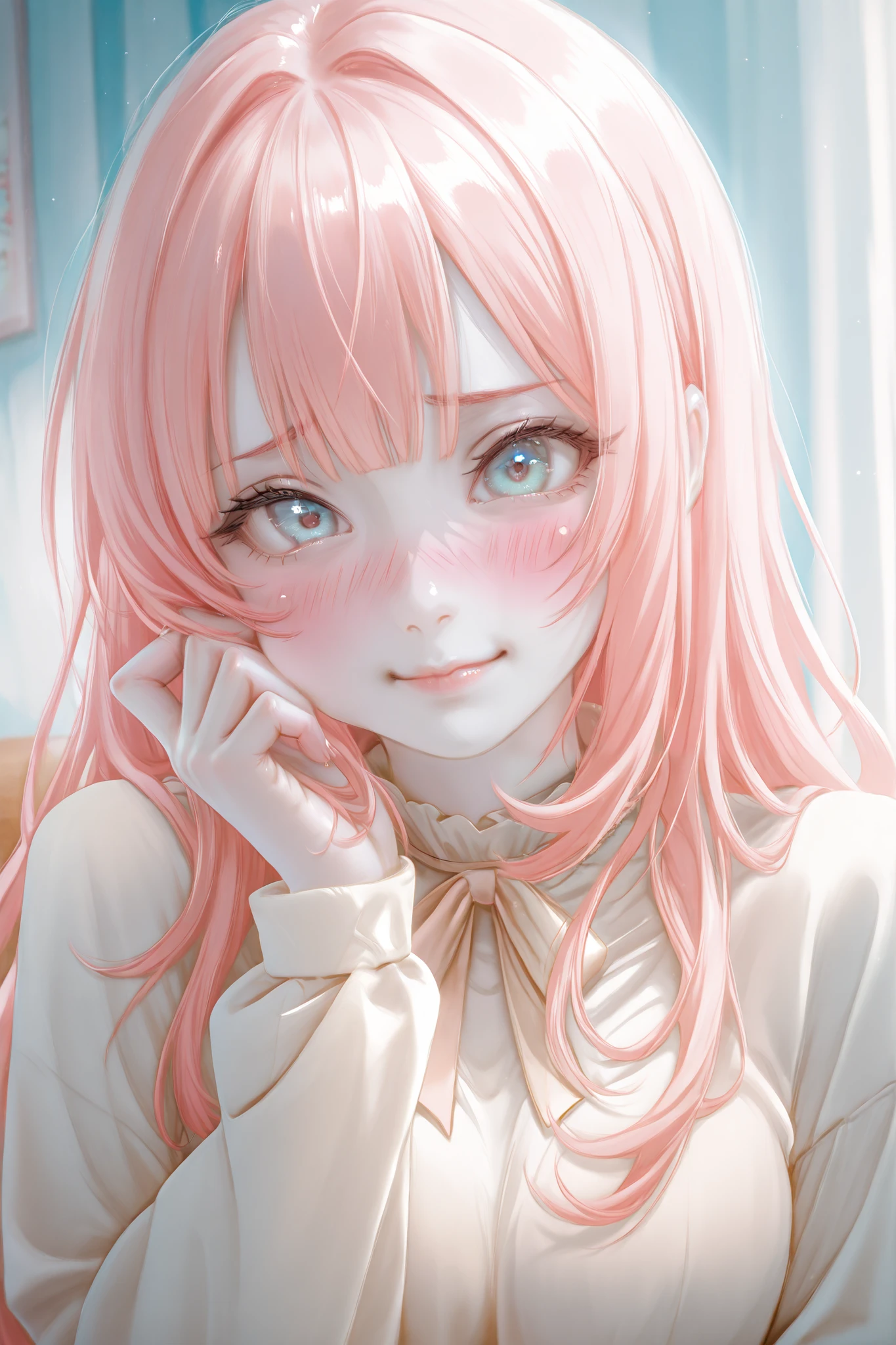 A beautiful girl with a very cute and attractive appearance, she has long light pink hair with bangs, soft light blue eyes, white skin, blushing cheeks, do everything in soft pastel colors.